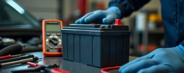 Illustration principale d'une batterie de voiture montrée dans un environnement d'atelier avec outils de diagnostic et de maintenance autour