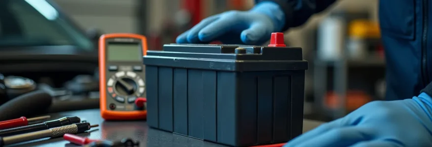 Illustration principale d'une batterie de voiture montrée dans un environnement d'atelier avec outils de diagnostic et de maintenance autour
