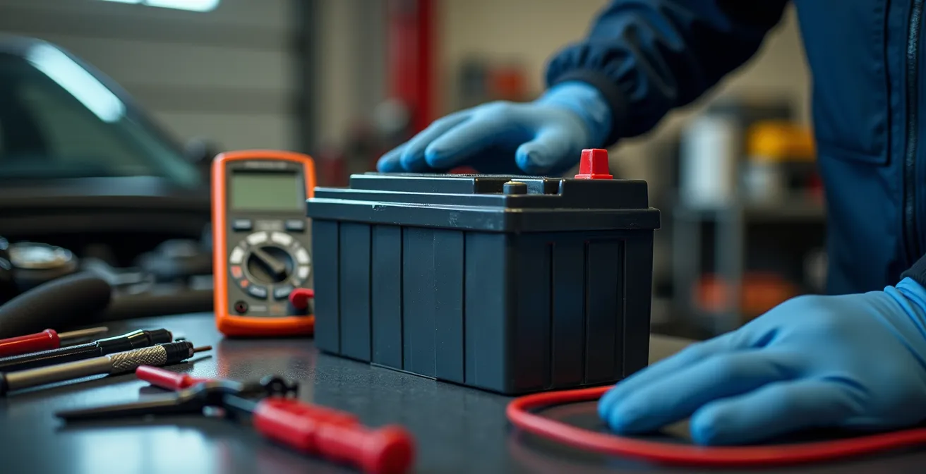 Illustration principale d'une batterie de voiture montrée dans un environnement d'atelier avec outils de diagnostic et de maintenance autour