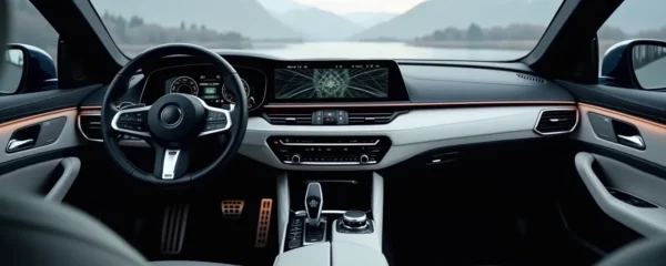 Intérieur de voiture moderne équipé de technologies avancées avec tableau de bord numérique, sièges ergonomiques et systèmes de sécurité intégrés