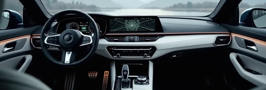 Intérieur de voiture moderne équipé de technologies avancées avec tableau de bord numérique, sièges ergonomiques et systèmes de sécurité intégrés
