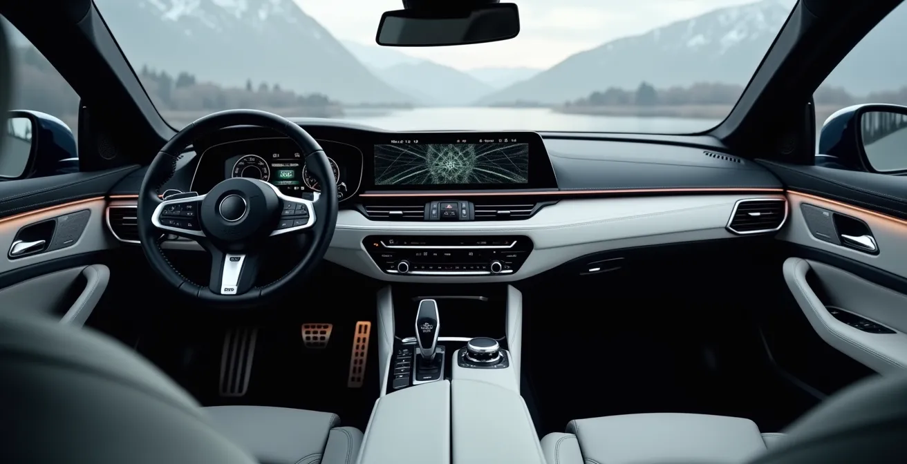 Intérieur de voiture moderne équipé de technologies avancées avec tableau de bord numérique, sièges ergonomiques et systèmes de sécurité intégrés