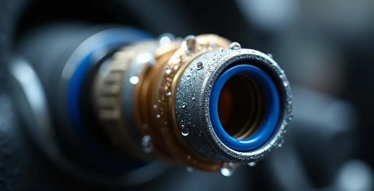 Gros plan macro sur un raccord métallique de climatisation automobile montrant les détails de conception