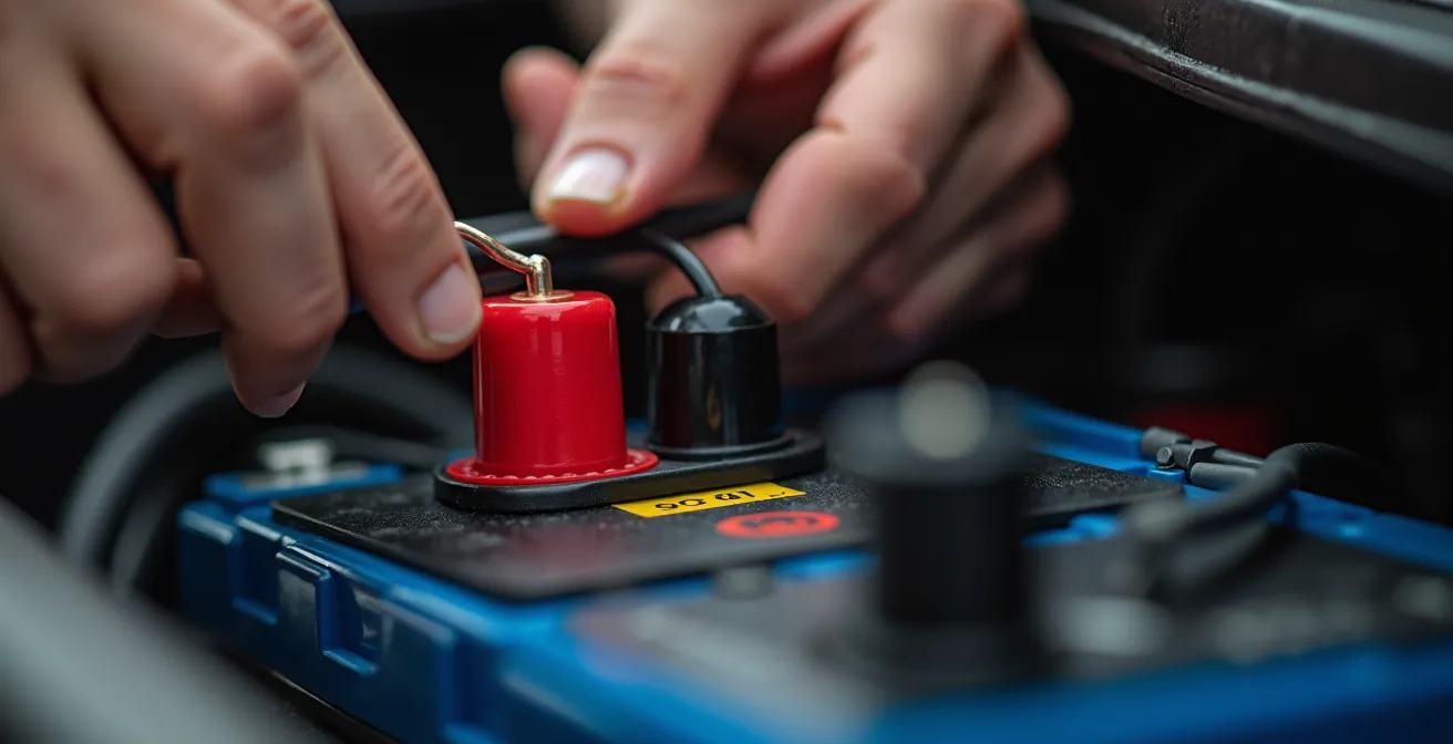 Illustration symbolique montrant la connexion correcte des bornes positive puis négative sur une batterie de voiture
