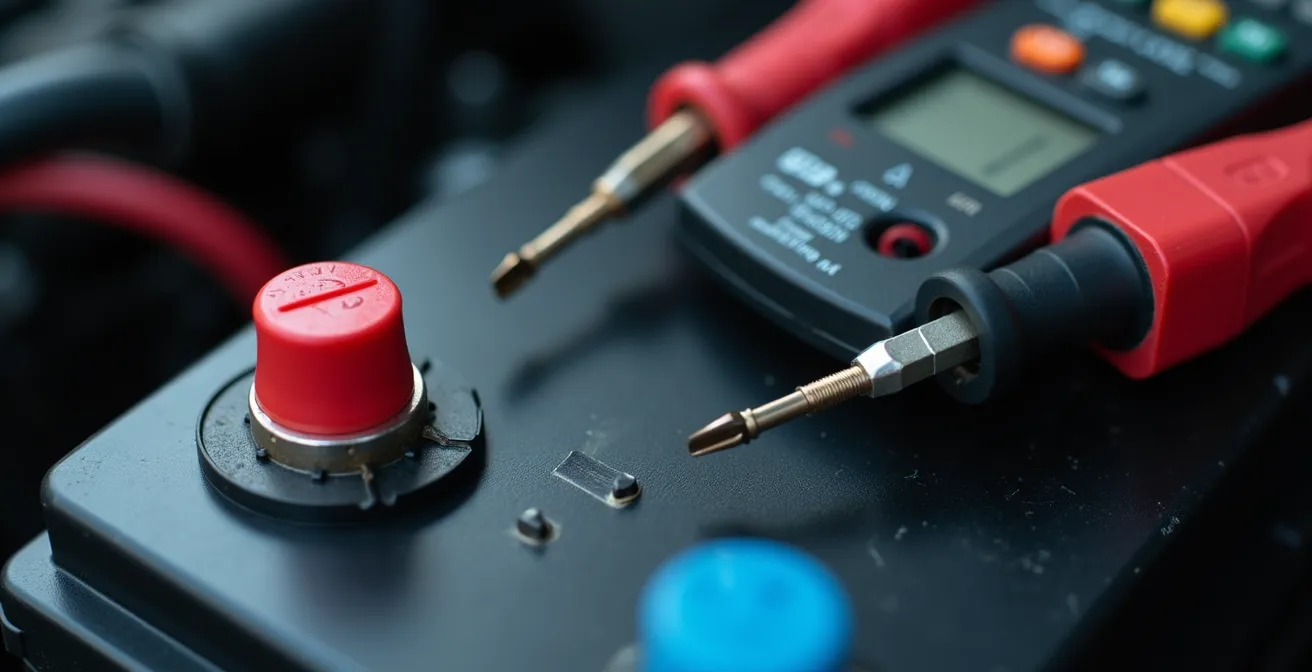 Gros plan sur un multimètre connecté aux bornes d'une batterie de voiture, mesurant la tension