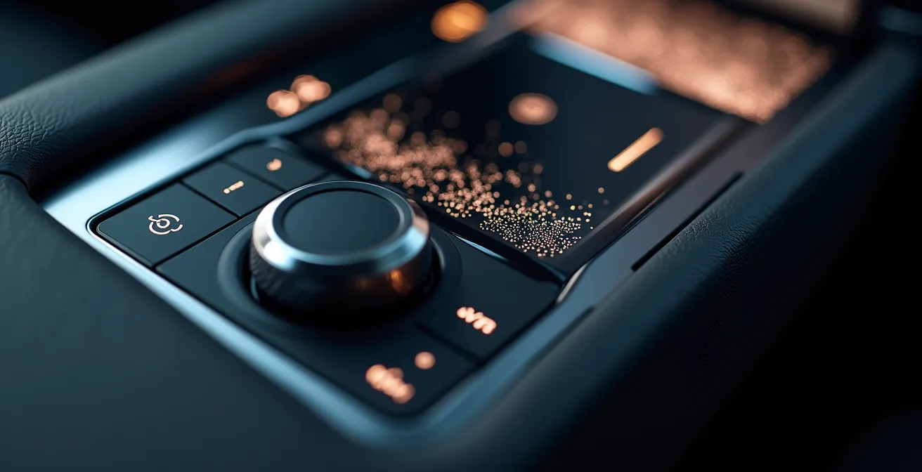 Vue détaillée de technologies automobiles intégrées dans un habitacle premium avec finitions haut de gamme