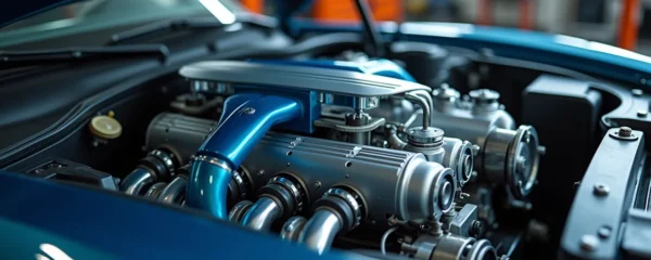 Vue détaillée du compartiment moteur d'un véhicule moderne avec mise en évidence artistique du système de climatisation