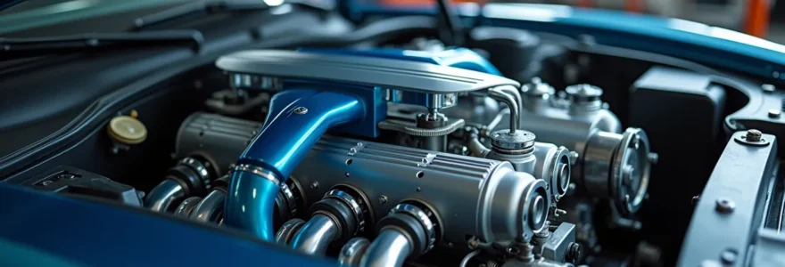 Vue détaillée du compartiment moteur d'un véhicule moderne avec mise en évidence artistique du système de climatisation