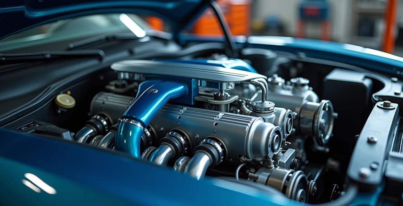 Vue détaillée du compartiment moteur d'un véhicule moderne avec mise en évidence artistique du système de climatisation