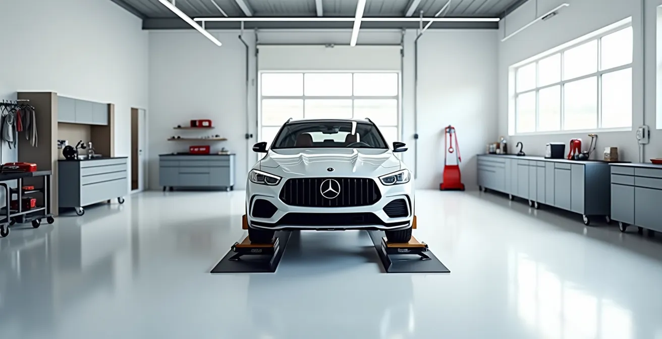 Vue d'ensemble d'un garage moderne avec voiture sur pont élévateur