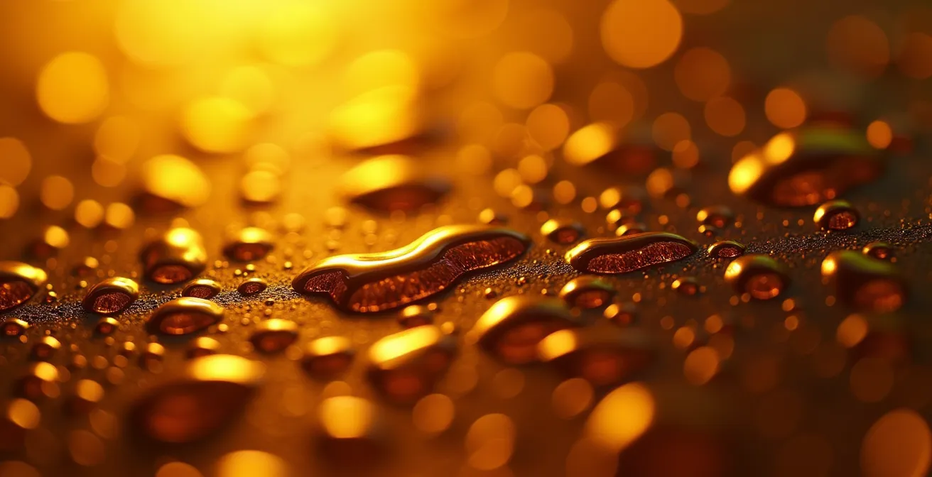 Vue macro de l'huile moteur montrant la texture et les particules en suspension