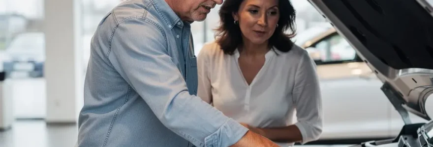 Couple examinant moteur véhicule occasion en concession automobile