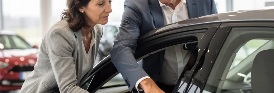 Couple français examinant un véhicule dans un showroom automobile pour choisir un concessionnaire fiable