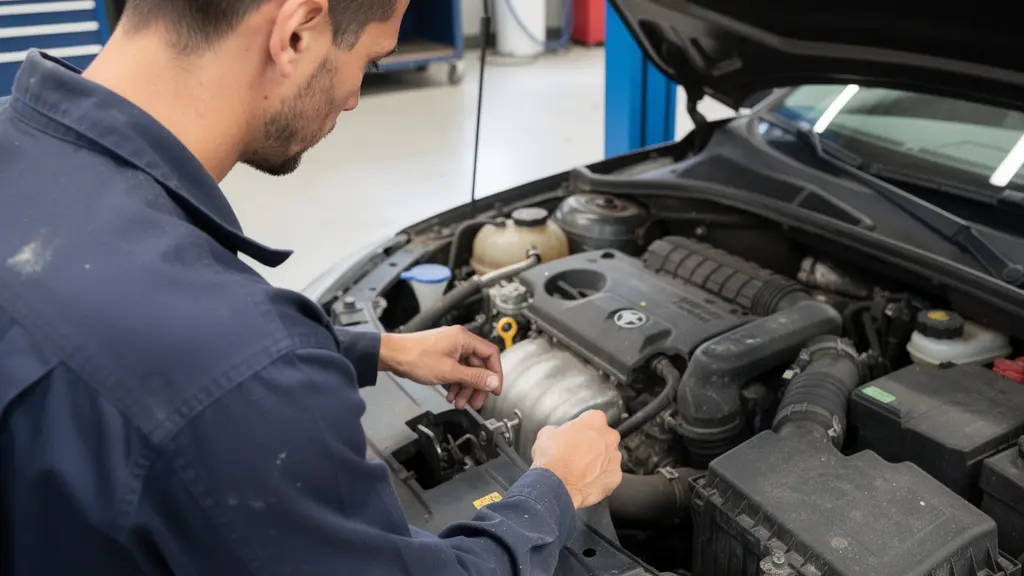 Technicien automobile inspectant un moteur dans un atelier professionnel