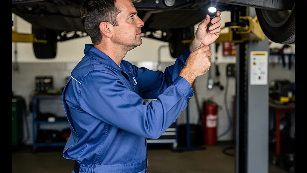 Technicien automobile inspectant véhicule occasion sur pont élévateur