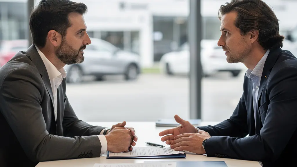 Vendeur automobile en discussion avec un client dans un bureau de concession