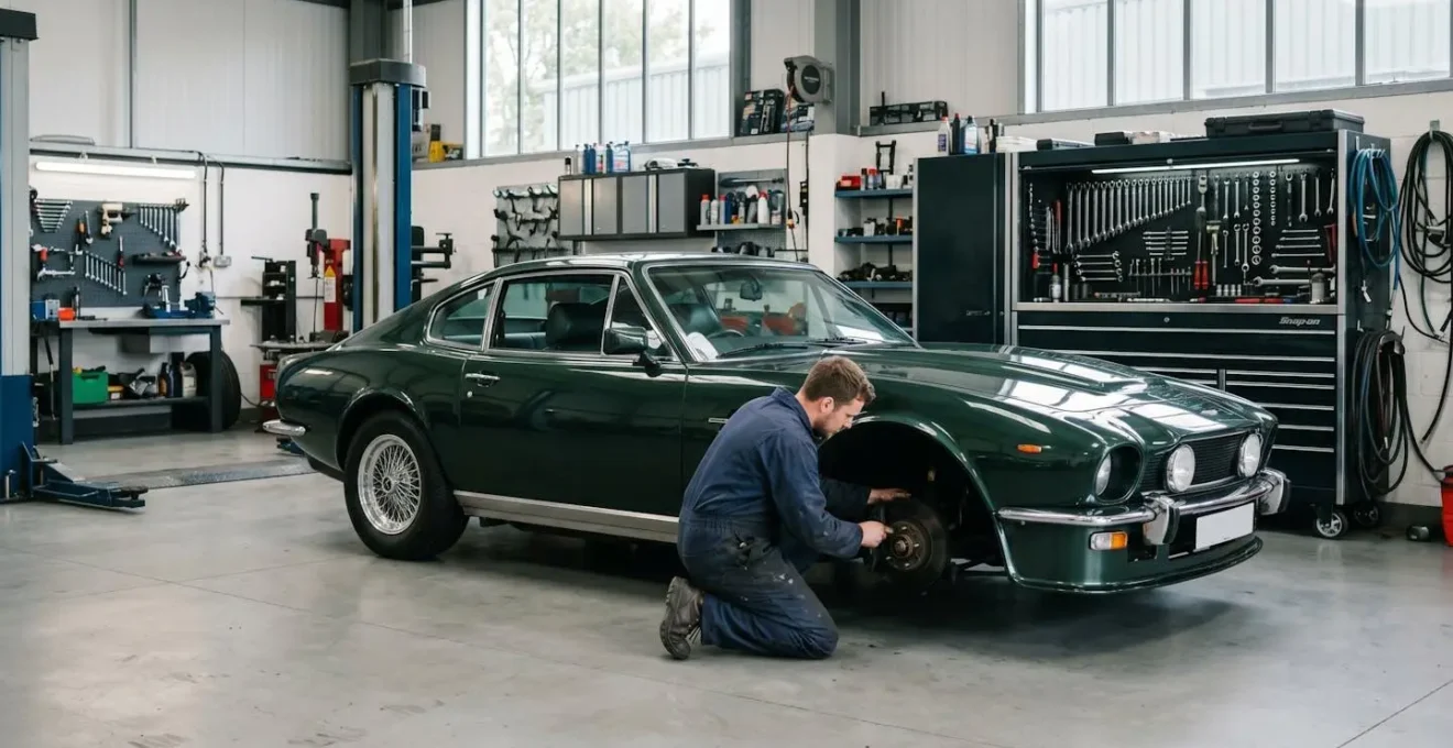 Aston Martin Vantage positionnée dans un atelier spécialisé lors d'une révision technique