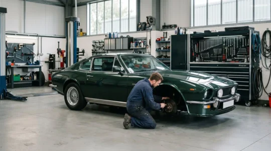 Aston Martin Vantage positionnée dans un atelier spécialisé lors d'une révision technique