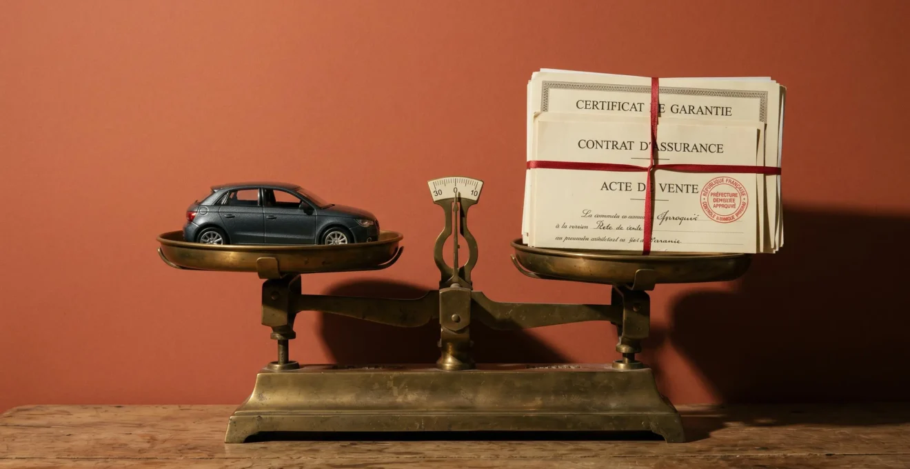 Balance de précision en laiton en parfait équilibre avec maquette de voiture à gauche et documents administratifs à droite sur fond terracotta