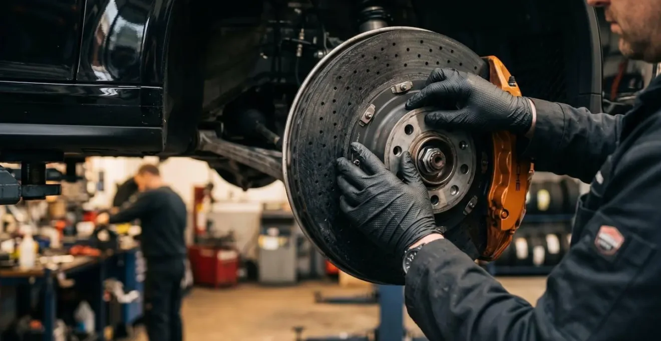 Technicien inspectant des disques de frein céramique sur une Aston Martin surélevée en atelier