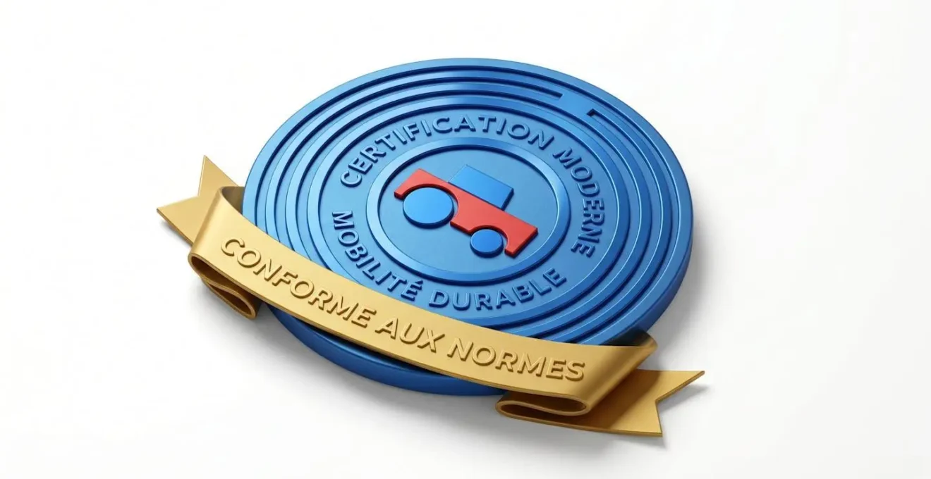 Illustration 3D d'un sceau de certification automobile moderne bleu métallique avec symbole véhicule stylisé et ruban doré sur fond blanc