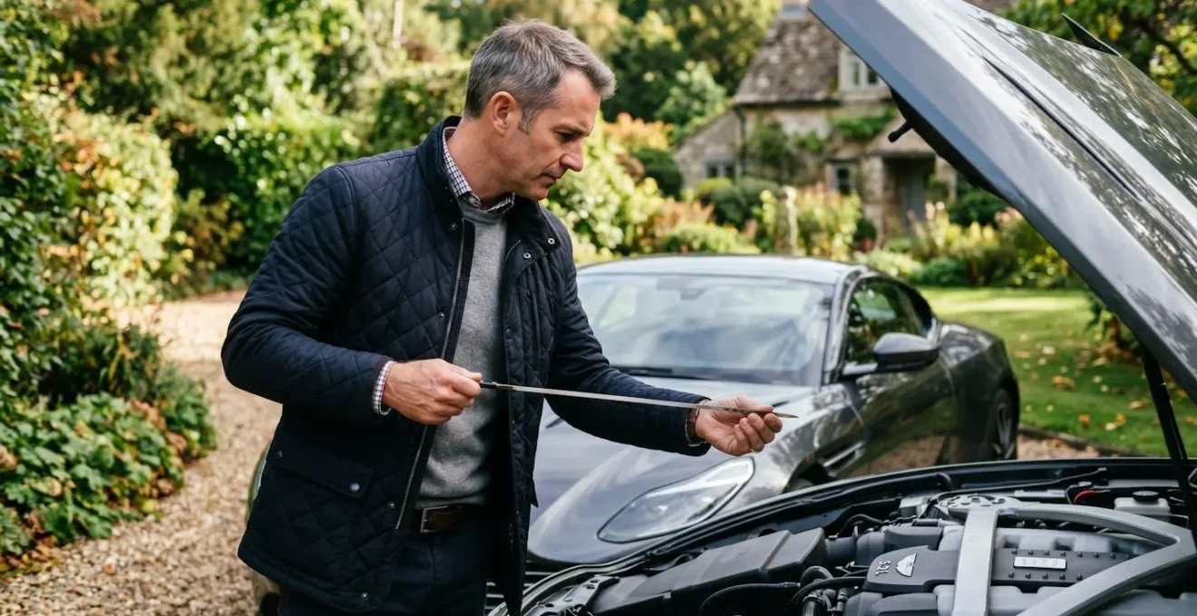 Propriétaire d'Aston Martin vérifiant le niveau d'huile moteur capot ouvert, lumière naturelle matinale