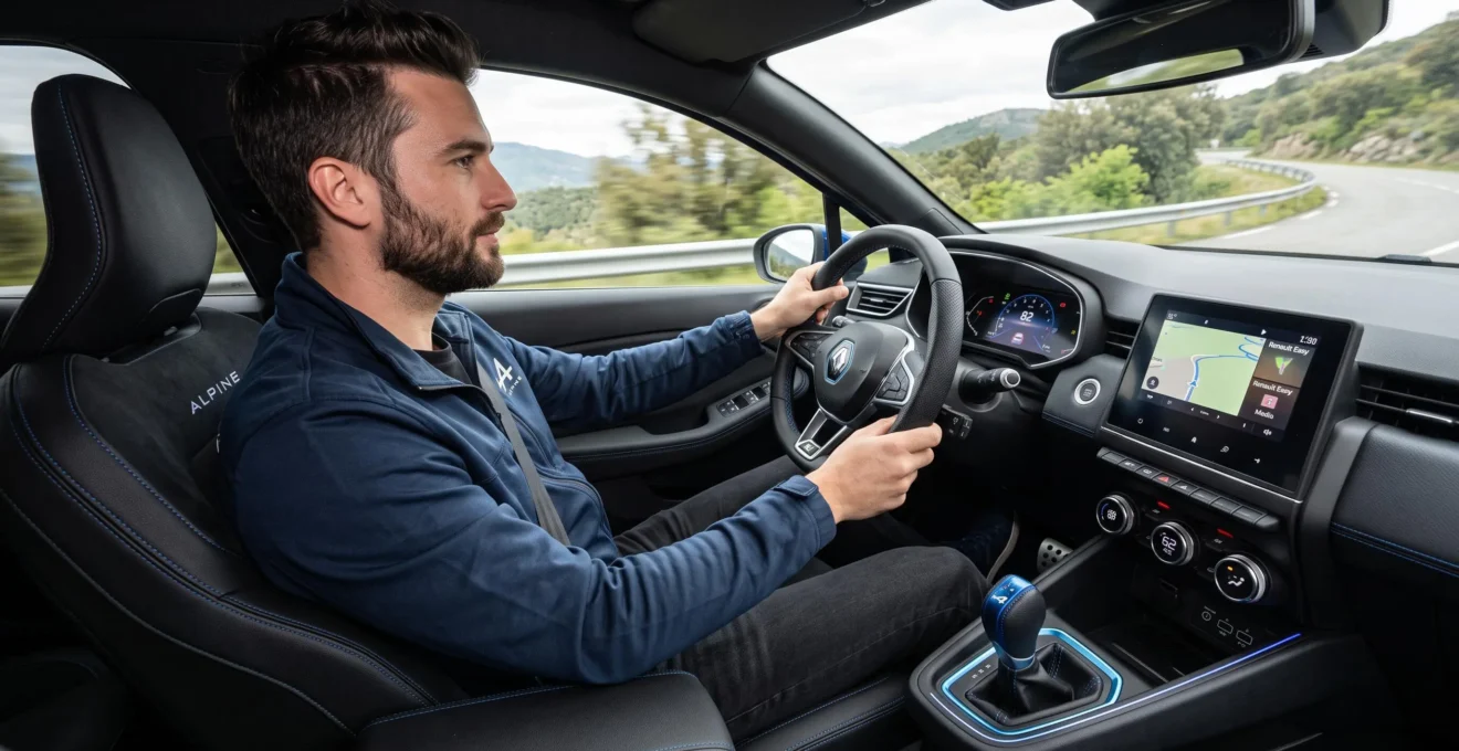 Conducteur au volant d'une Clio 5 Alpine, vue sur le tableau de bord digital et le volant sport