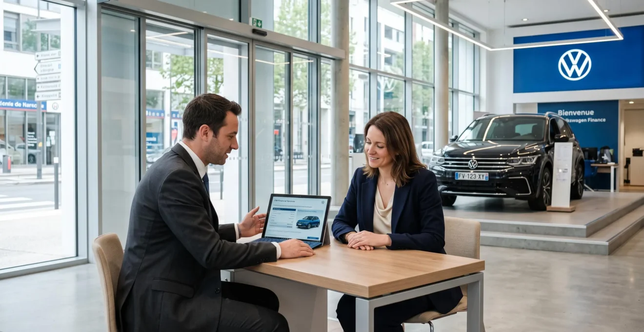 Un conseiller commercial et une cliente assise à un bureau de consultation moderne dans un showroom automobile, consultant ensemble une simulation de financement sur tablette, avec un SUV neuf visible en arrière-plan