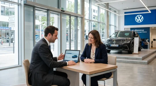 Un conseiller commercial et une cliente assise à un bureau de consultation moderne dans un showroom automobile, consultant ensemble une simulation de financement sur tablette, avec un SUV neuf visible en arrière-plan