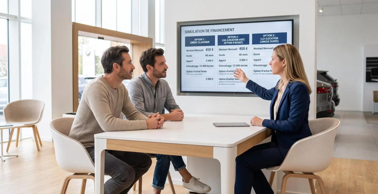 Un couple assis face à une conseillère commerciale dans un espace de consultation moderne, consultant ensemble un écran affichant trois simulations de financement automobile comparatives