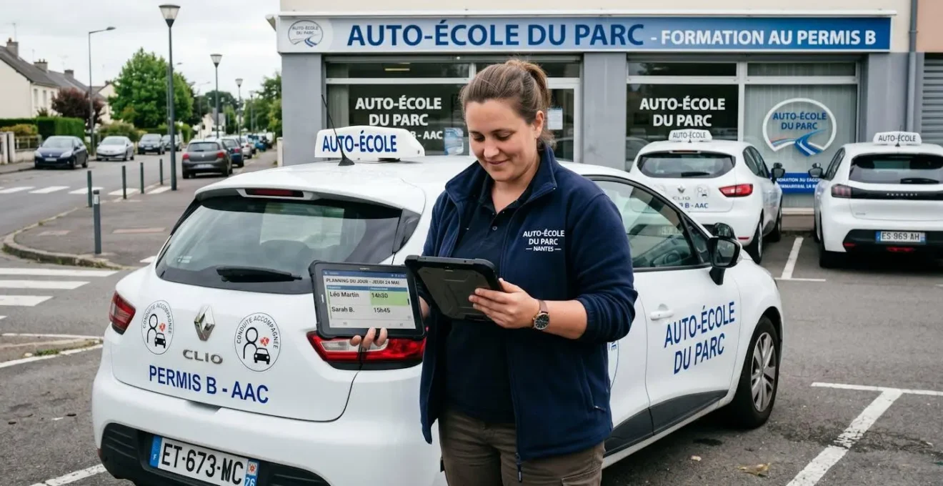 Monitrice d'auto-école consultant son planning sur tablette entre deux leçons, debout près de sa voiture école dans un environnement professionnel français