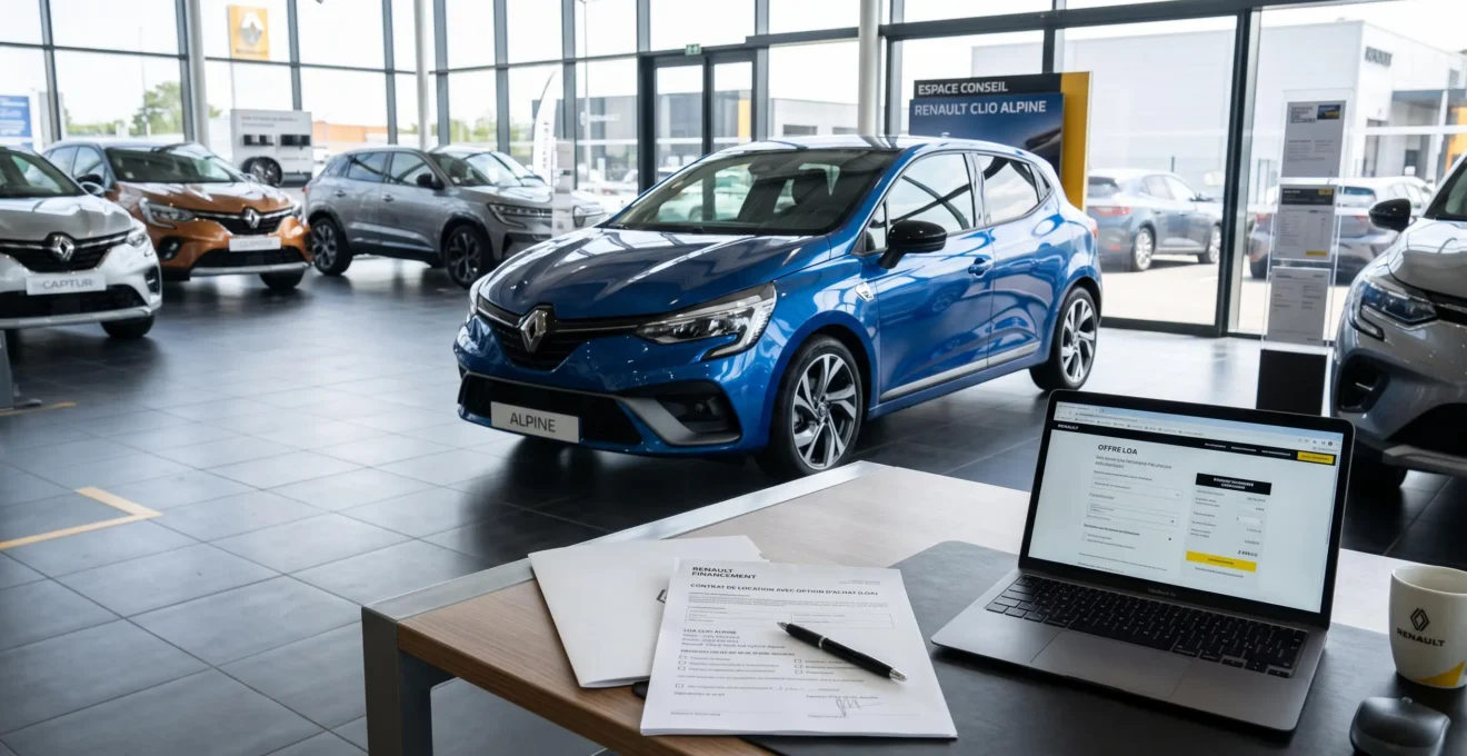 Renault Clio 5 Alpine bleue exposée dans une concession automobile avec documents de contrat LOA sur table