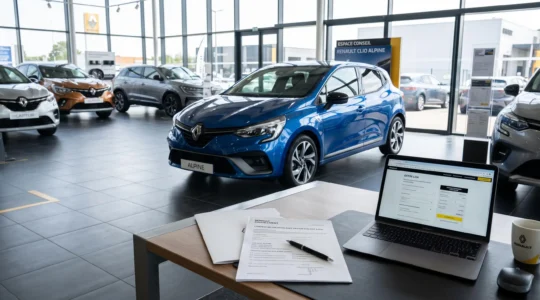 Renault Clio 5 Alpine bleue exposée dans une concession automobile avec documents de contrat LOA sur table