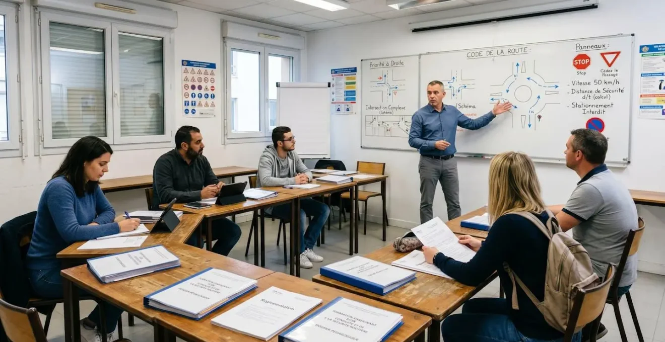 Salle de formation professionnelle ECSR avec apprenants adultes face à formateur devant tableau pédagogique affichant schémas du code de la route français