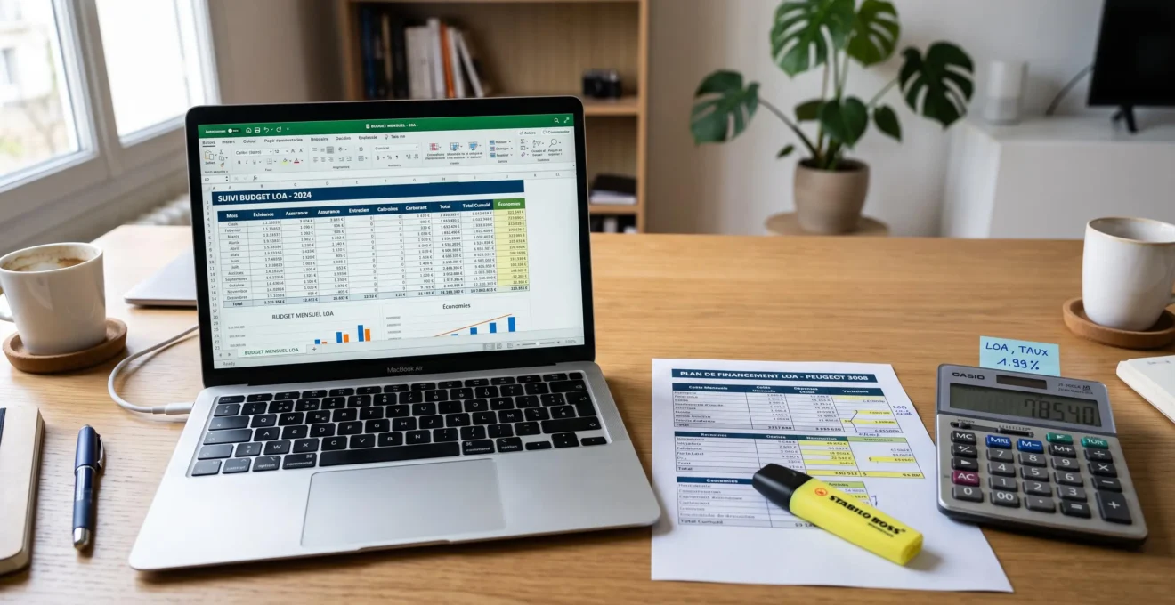 Tableau de simulation budgétaire LOA avec calculatrice et stylo sur bureau