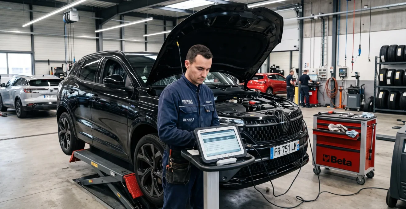 Technicien automobile en combinaison bleue effectuant un contrôle de diagnostic électronique sur un véhicule neuf noir surélevé sur pont élévateur dans un atelier de concession moderne et bien éclairé