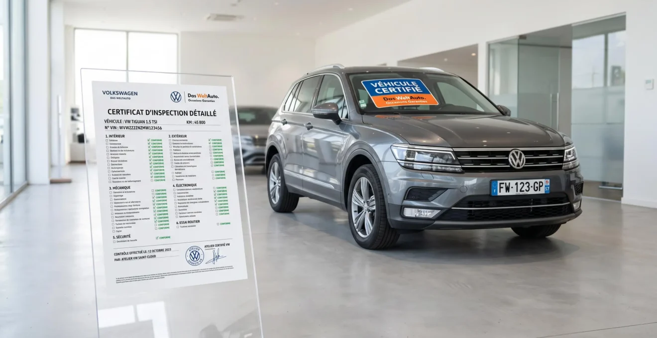 Véhicule d'occasion certifié gris métallisé avec étiquette de certification visible sur le pare-brise et certificat de contrôle multi-points au premier plan sur support transparent dans un showroom lumineux