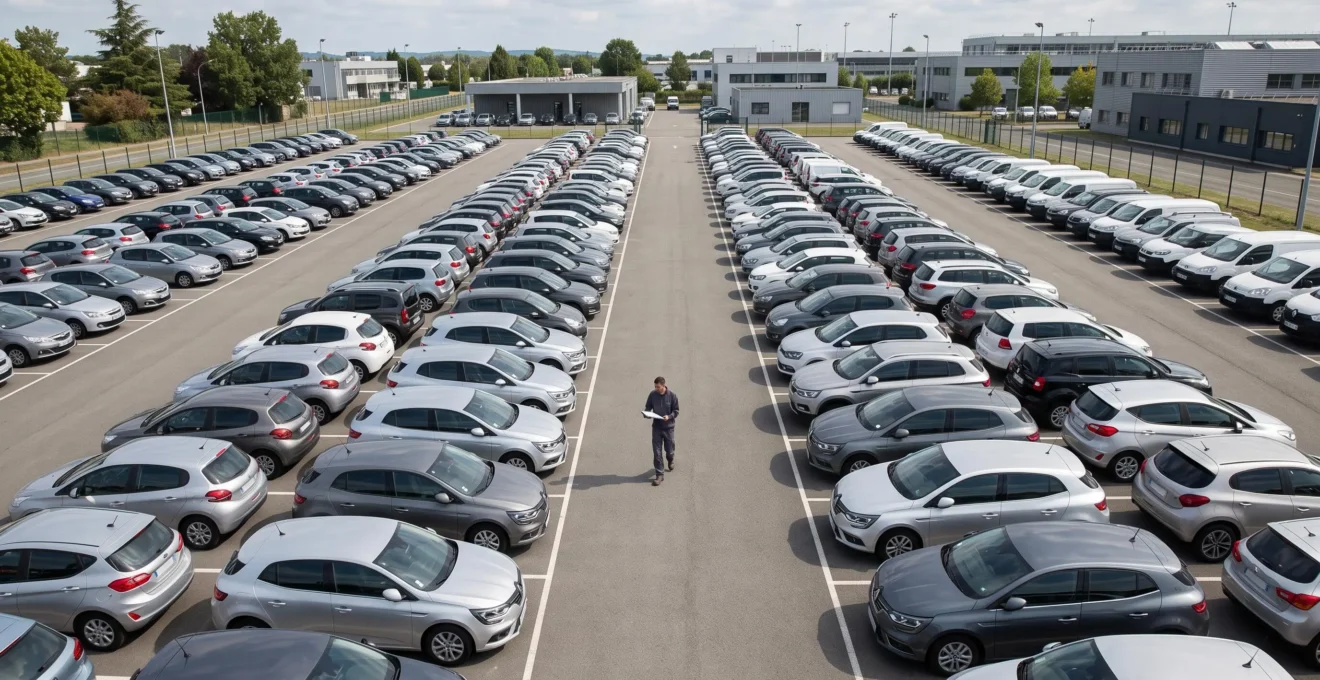 Vue aérienne d'un parc automobile de location organisé en rangées par catégories de véhicules, avec un employé circulant entre les allées