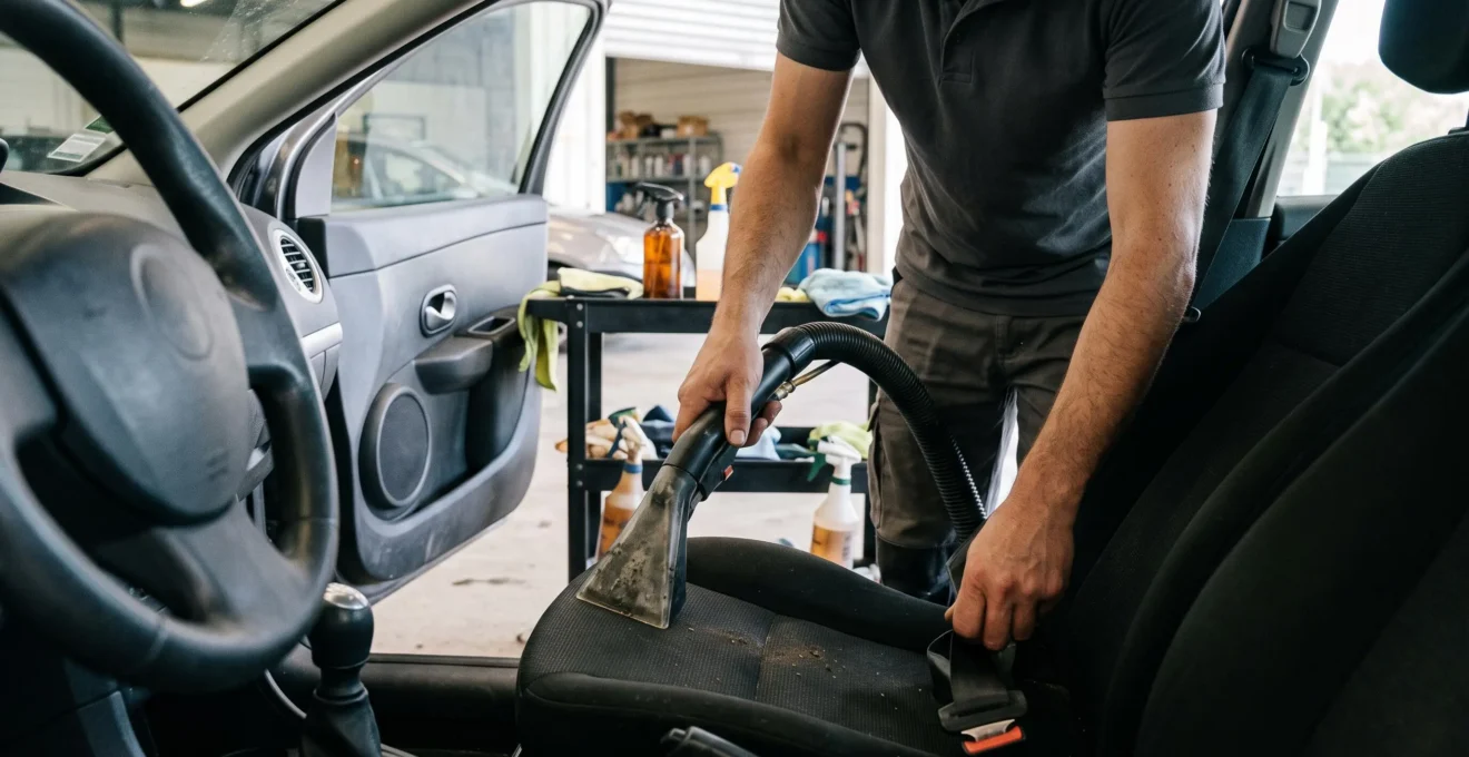 Préparateur automobile nettoyant en détail l'intérieur d'un véhicule de location pour optimiser le temps de rotation entre deux locations